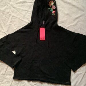 New Women's Betsey Johnson Hoodie Embroidered Floral Hood Size M Black Raw Trim